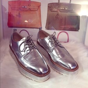 ZARA Women’s Metallic Silver Platform Loafer - 38